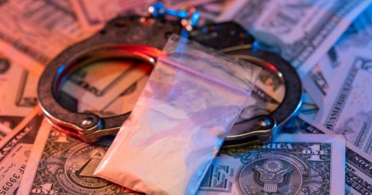 drugs, handcuffs, and cash